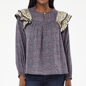 Roller Rabbit Natal Odalis Ruffle Shoulder Blouse 100% Cotton Floral Size XL